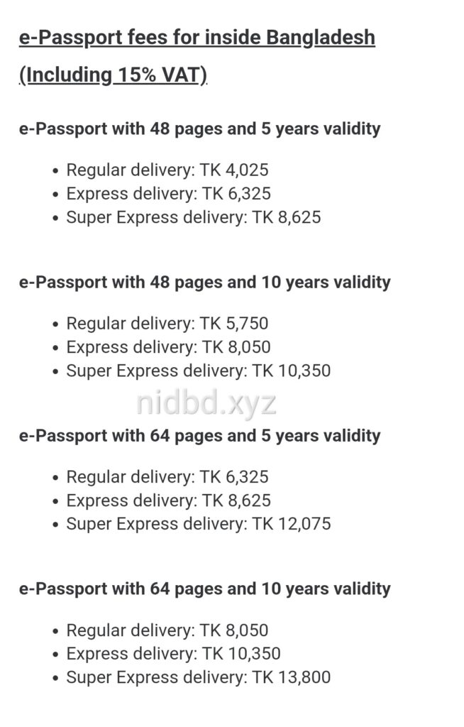 e Passport fees list